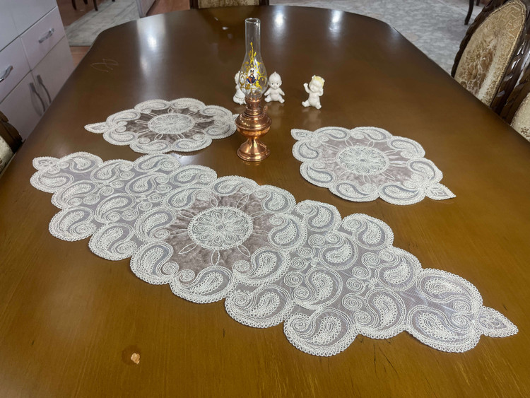 رومیزی ترک گیپور 3 تکه رنگ نسکافه ای