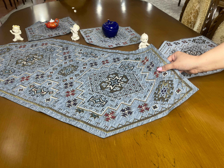 رومیزی جاجیمی سنتی 4 تکه رنگ طوسی
