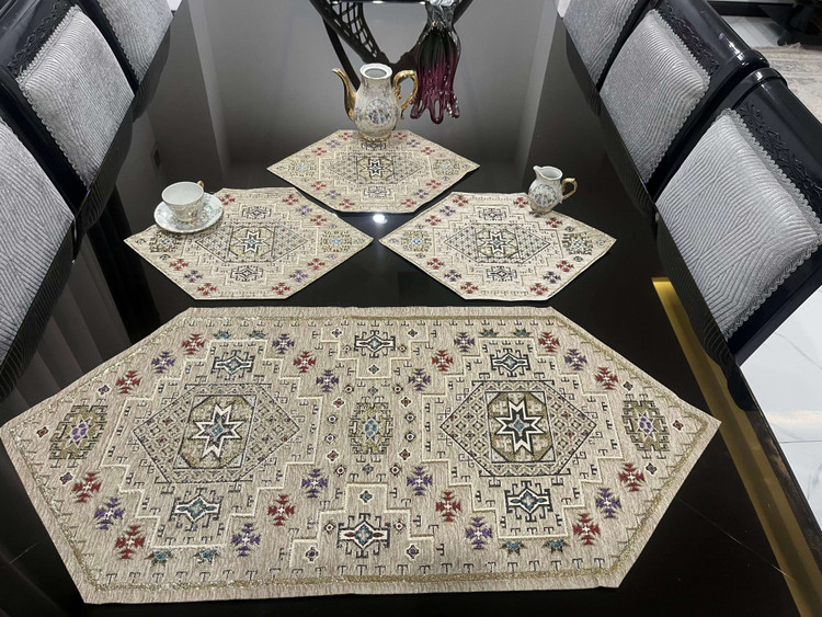 رومیزی جاجیمی سنتی 4 تکه رنگ نسکافه ای