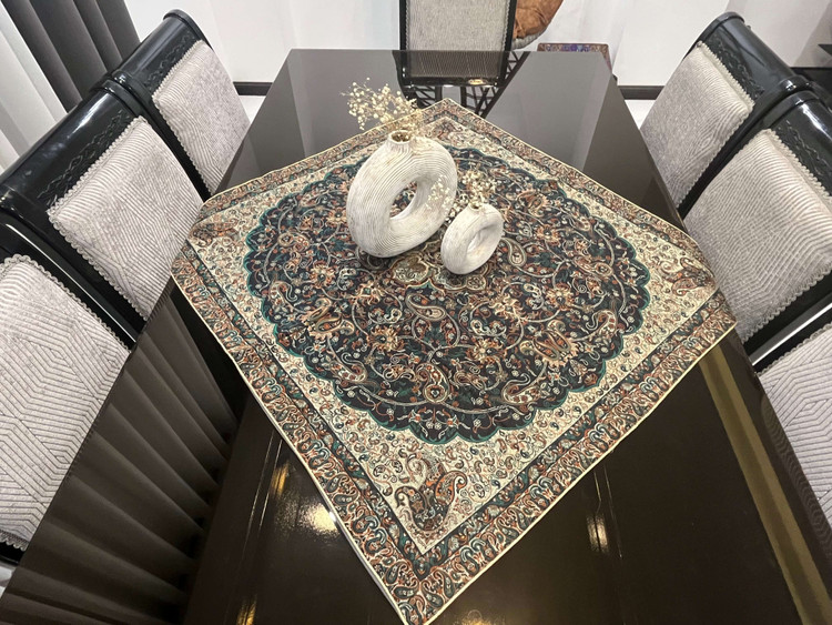 رومیزی مربع ترمه رنگ سرمه ای، آبی