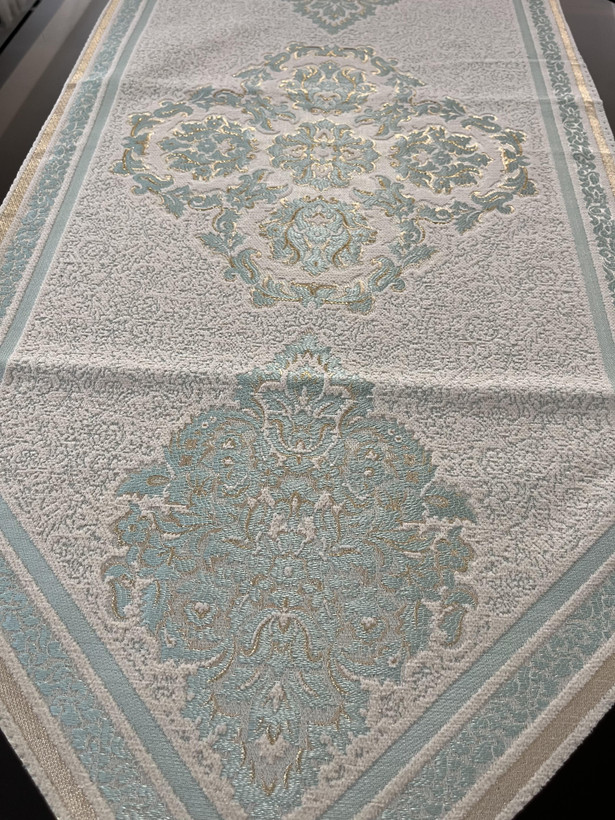 رومیزی مخمل زرکوب 4 تیکه رنگ سبز آبی شاین مدل پرواز